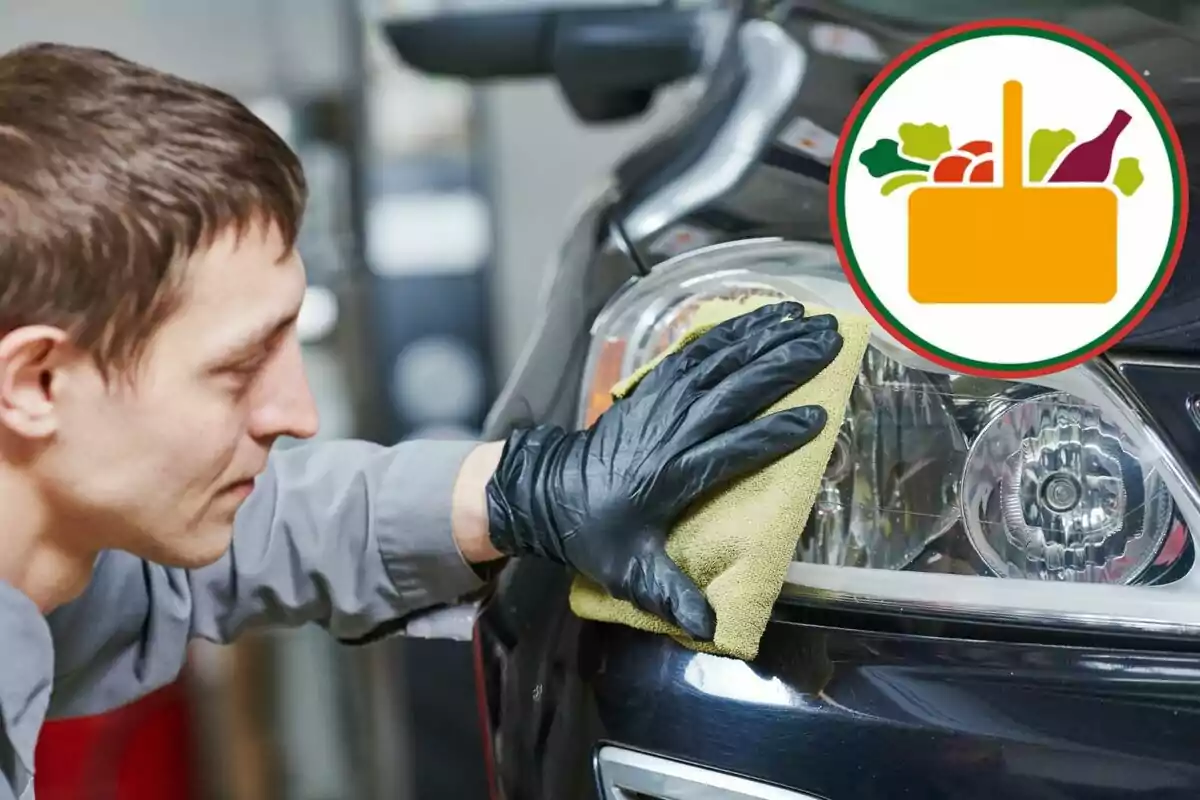 Man cleaning a car headlight with a yellow cloth and black gloves, with a food basket logo in the top right corner.