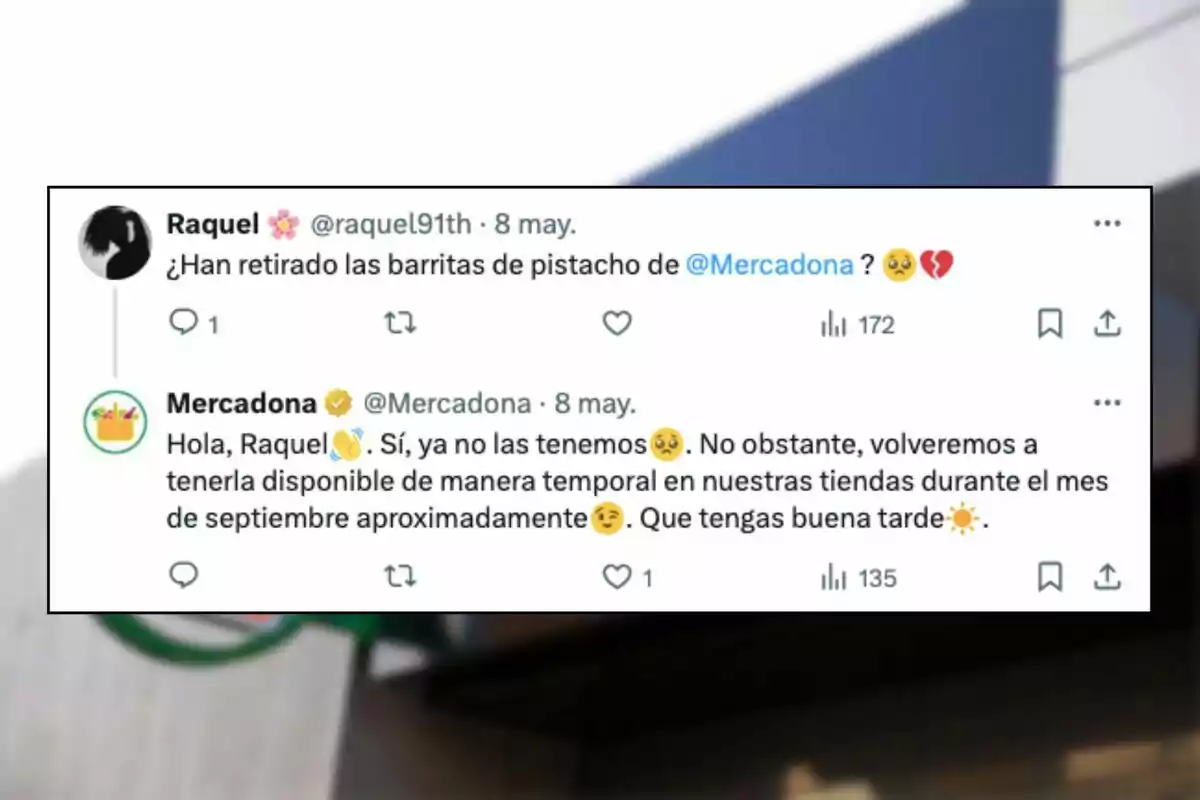Una usuària pregunta si han retirat les barretes de festuc de Mercadona. Mercadona respon que ja no les tenen, però que estaran disponibles temporalment al setembre. Una usuària pregunta si han retirat les barretes de festuc de Mercadona. Mercadona respon que ja no les tenen, però que estaran disponibles temporalment al setembre.