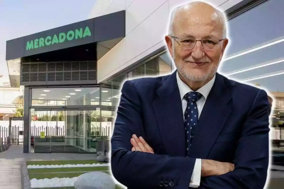 Muntatge de Juan Roig i la part exterior d'una botiga Mercadona