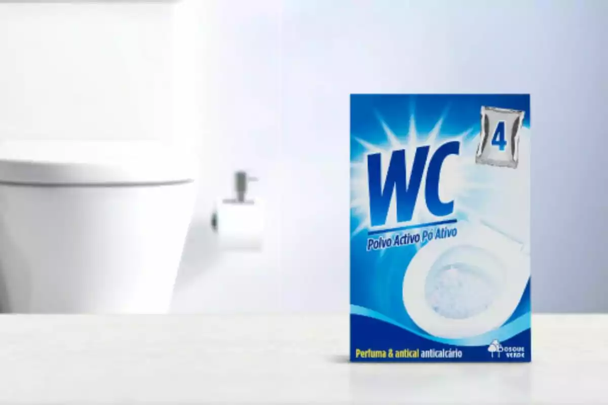 Toilet cleaning product box in a bathroom.