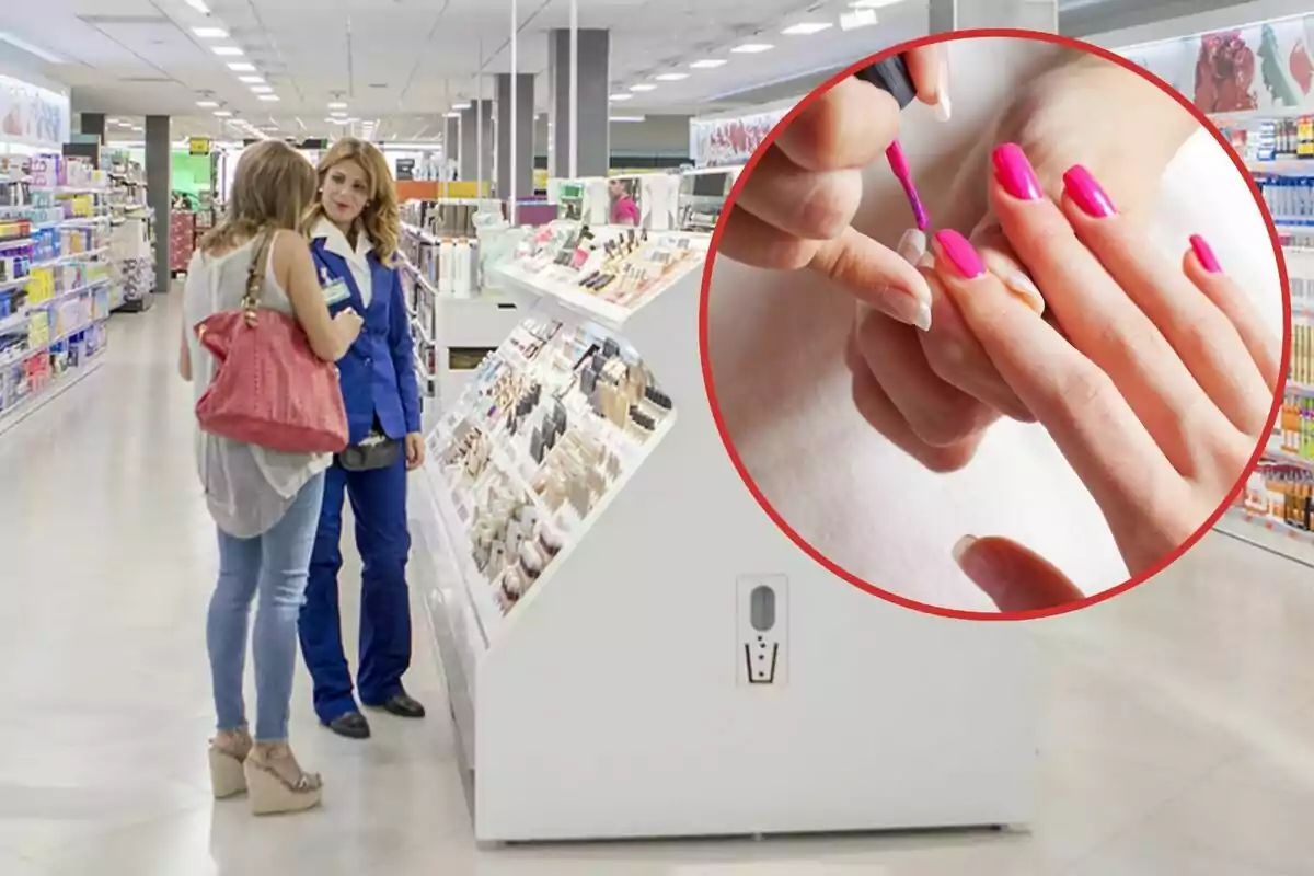 Two women chat in a cosmetics store while an inset image shows someone applying pink nail polish.