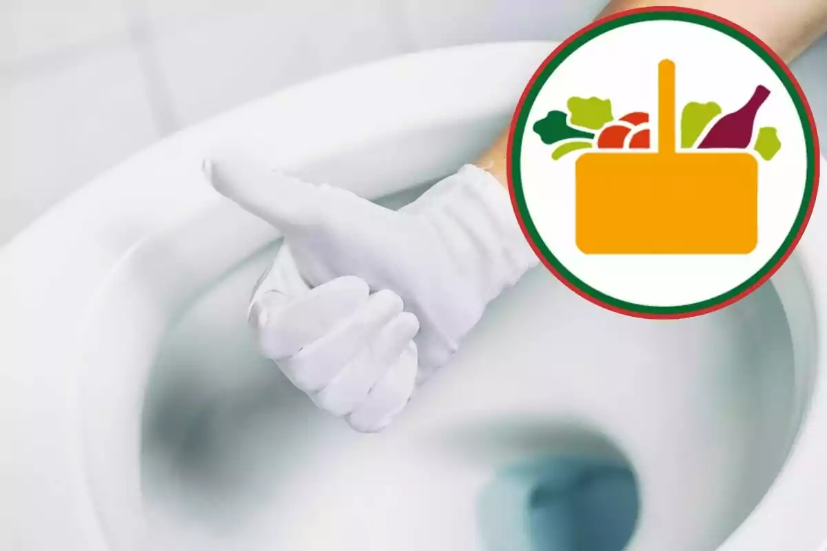 A white-gloved hand gives a thumbs-up in front of a toilet, with a food basket icon overlaid.