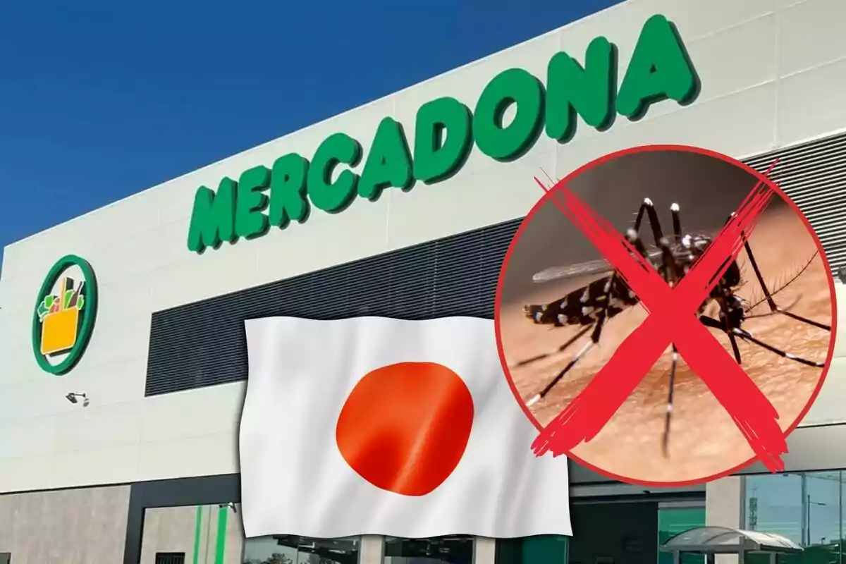 Façana d´un supermercat Mercadona amb una bandera del Japó i un símbol de prohibició sobre un mosquit.