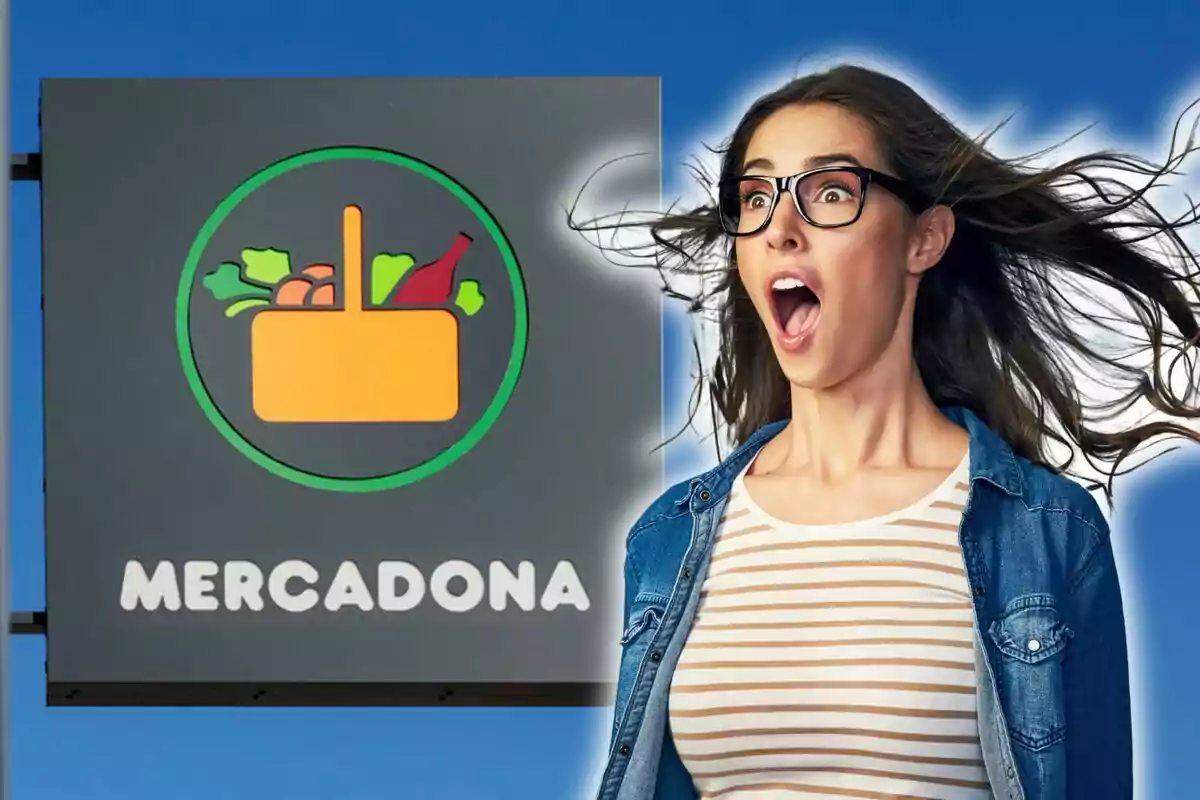 Una dona amb expressió de sorpresa apareix al costat del cartell de Mercadona sobre un fons blau.
