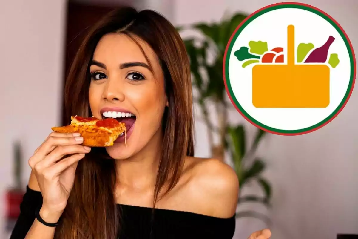 Smiling young woman eating a slice of pizza with a food basket icon in the background