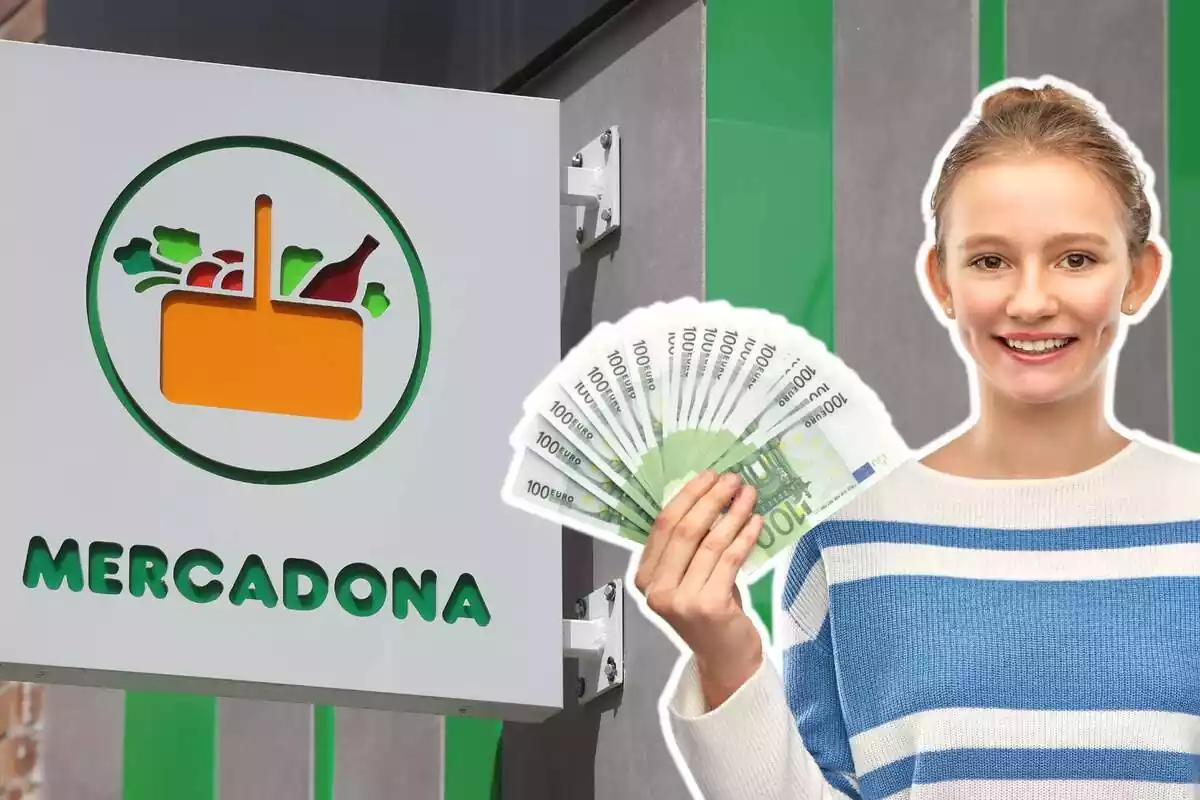 Fons d'un logotip de Mercadona i una altra imatge d'una dona amb bitllets de 100 euros a la mà