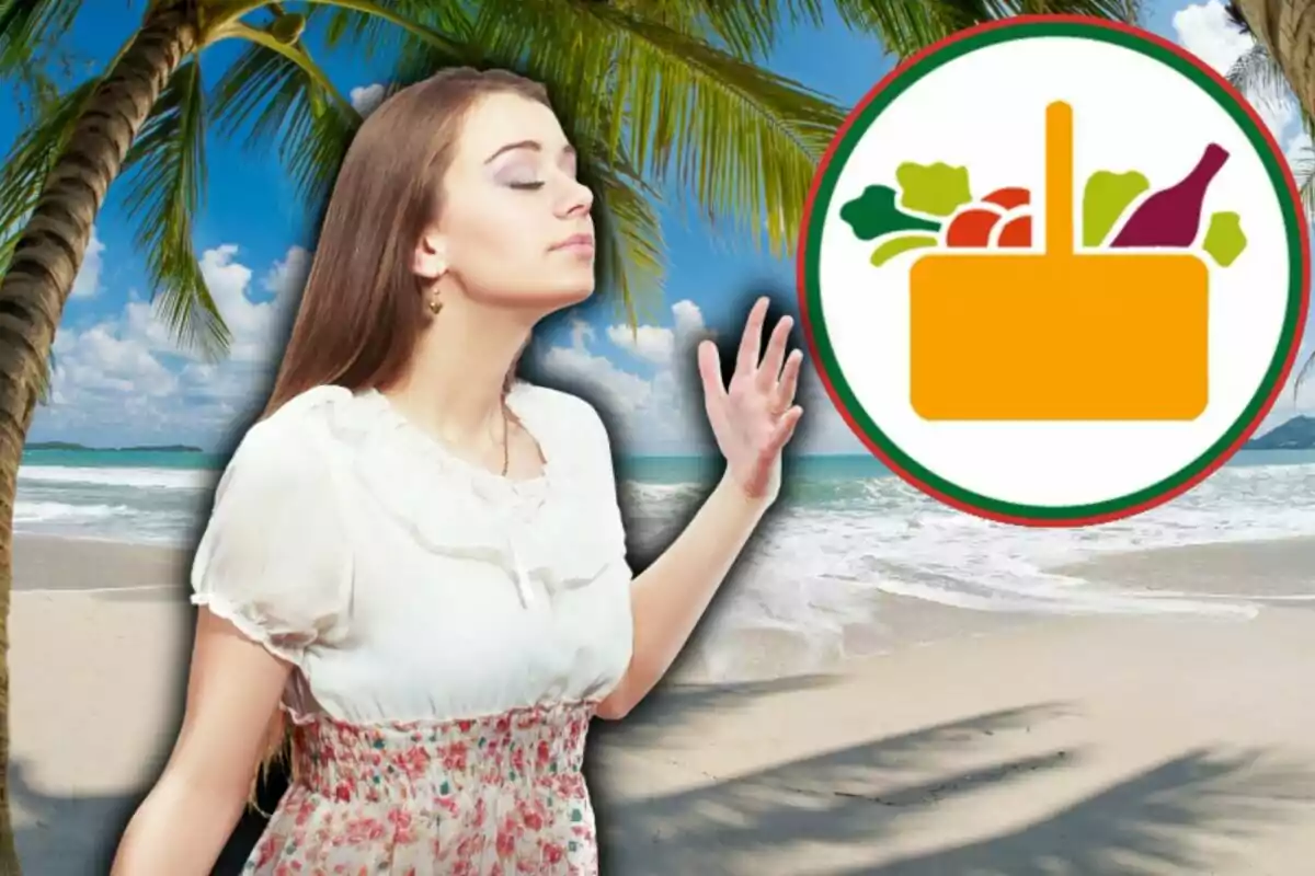 Una dona amb els ulls tancats gaudeix de la brisa en una platja tropical mentre una icona de cistella de pícnic apareix al seu costat.