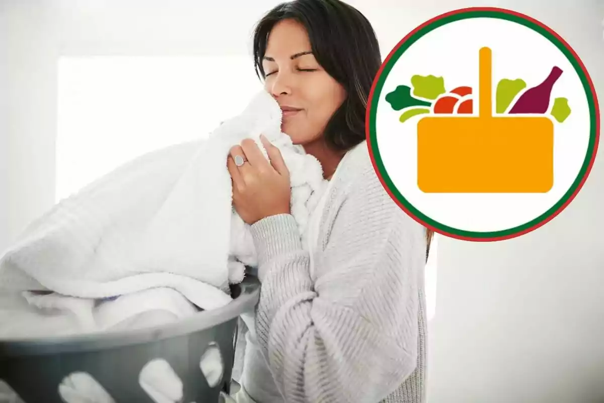 Una persona gaudint de l'aroma de la roba neta mentre sosté una cistella de roba, amb un gràfic d'un cistell de la compra ple d'aliments a la cantonada. Una persona gaudint de l'aroma de la roba neta mentre sosté una cistella de roba, amb un gràfic d'un cistell de la compra ple d'aliments a la cantonada.