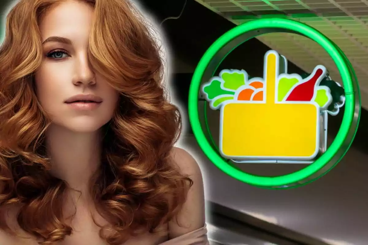 Dona de cabell pèl-roig arrissat al costat d’un rètol lluminós de supermercat amb una cistella d’aliments