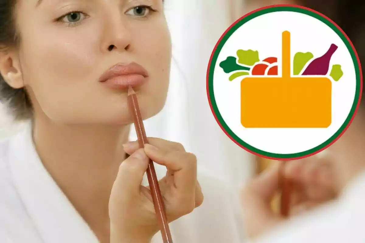 Una persona aplicant-se pintallavis davant d'un mirall amb un gràfic d'un cistell d'aliments al costat.