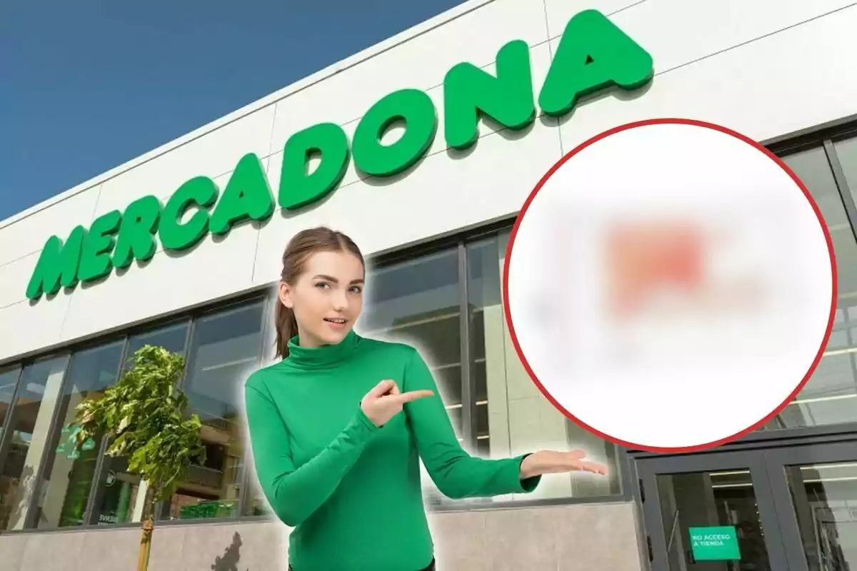 Dona assenyalant un cartell borrós davant d'una botiga de Mercadona.