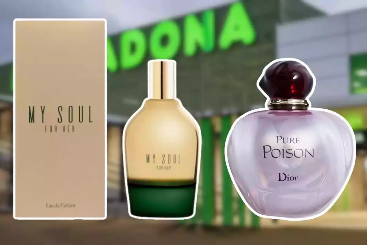 Imatge de fons d'una botiga Mercadona i dues més en primer pla del perfum de Mercadona My Soul for Her i una altra del de Dior Pure Poison Imatge de fons d'una botiga Mercadona i dues més en primer pla del perfum de Mercadona My Soul for Her i una altra del de Dior Pure Poison