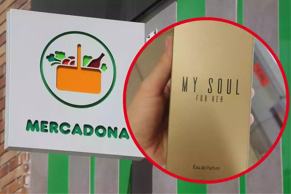 Muntatge de fons del logotip en una botiga Mercadona i una altra imatge del perfum My Soul for Her de Mercadona