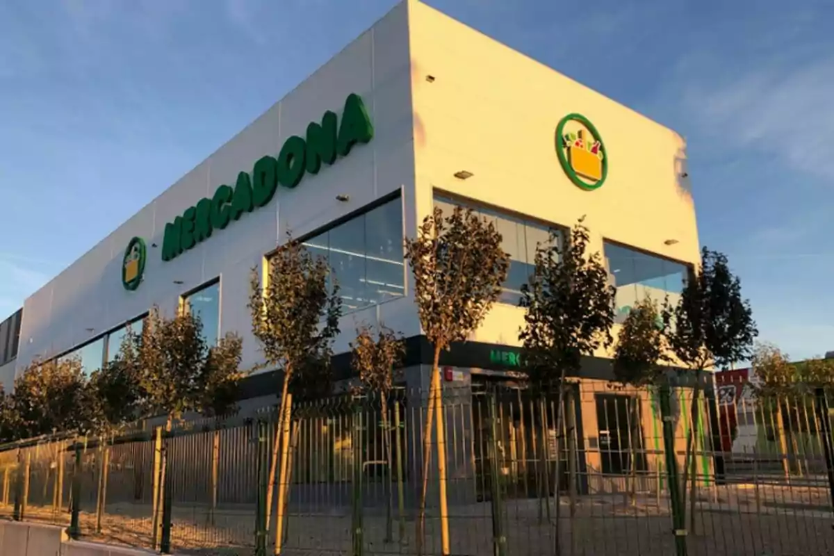 Mercadona supermarket building with green and yellow logo on the facade, surrounded by trees and a fence. Mercadona supermarket building with green and yellow logo on the facade, surrounded by trees and a fence.