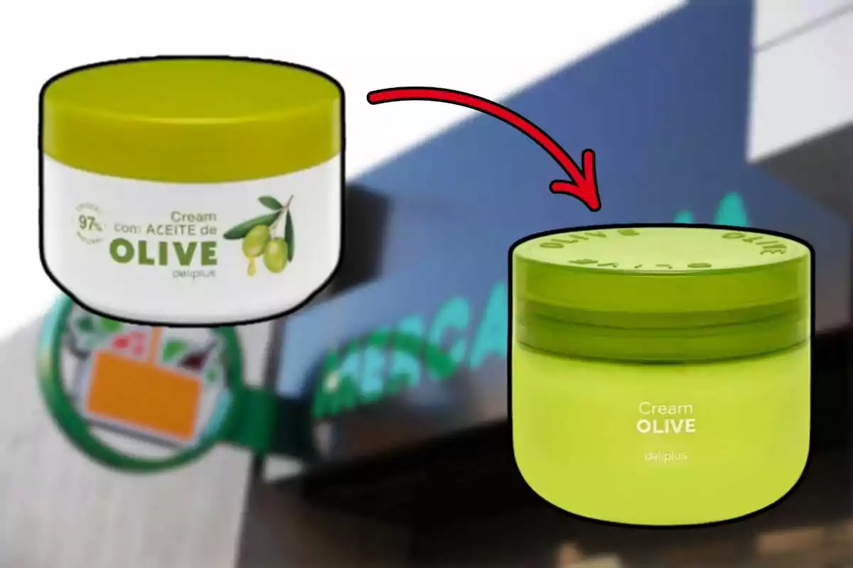 Dos envasos de crema d’oliva de la marca Deliplus amb disseny diferent, un de blanc i un de verd, amb una fletxa vermella que assenyala el canvi entre tots dos. Dos envasos de crema d’oliva de la marca Deliplus amb disseny diferent, un de blanc i un de verd, amb una fletxa vermella que assenyala el canvi entre tots dos.