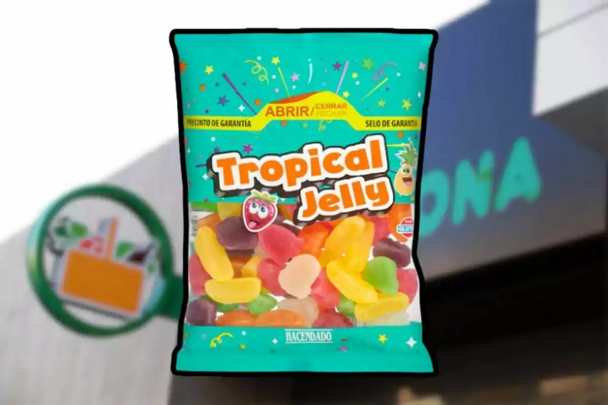 Hacendado Tropical Jelly candy bag with a store background Hacendado Tropical Jelly candy bag with a store background