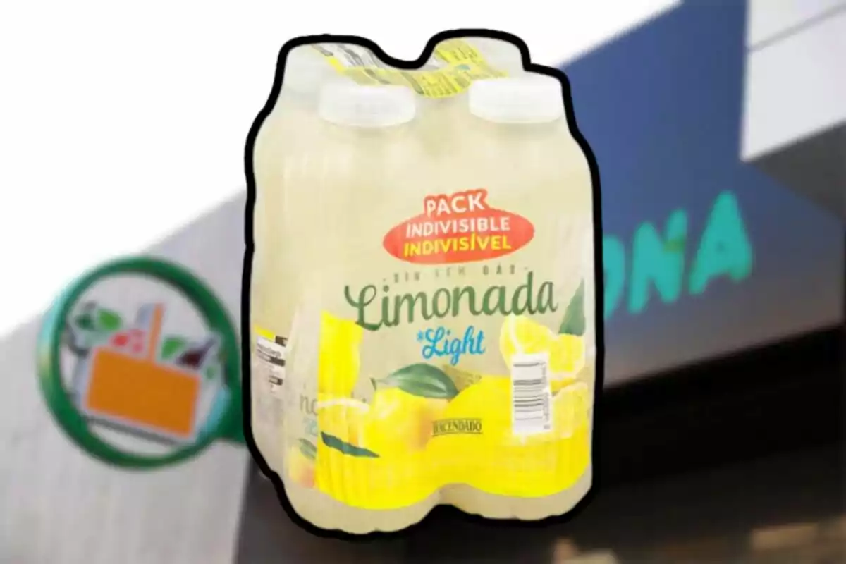 Pack of Hacendado brand light lemonade bottles in front of a supermarket Pack of Hacendado brand light lemonade bottles in front of a supermarket