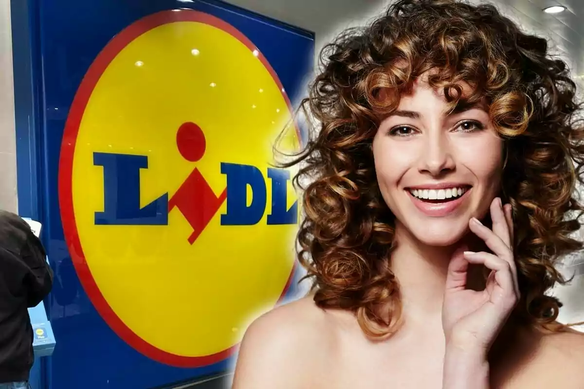 Una dona somrient amb cabell arrissat apareix superposada sobre el logotip de Lidl.