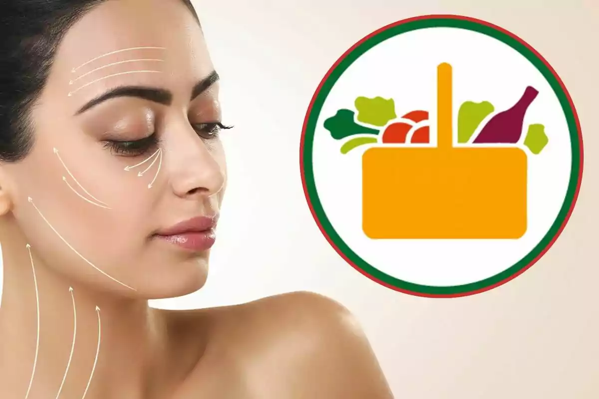 Una dona amb línies blanques a la cara que indiquen adreces de massatge facial, al costat d'una icona d'una cistella d'aliments.