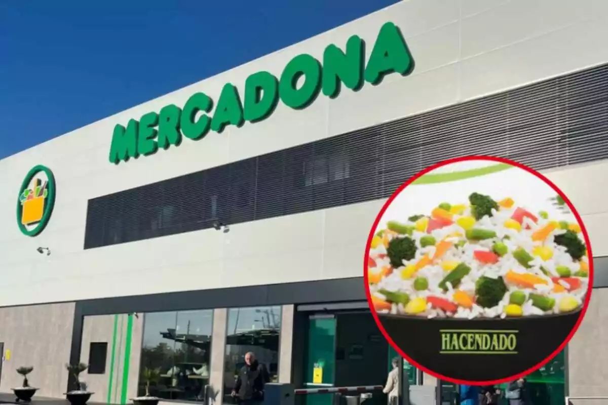 Façana de la botiga de Mercadona amb una imatge destacada d´un plat d´arròs amb verdures de Hacendado