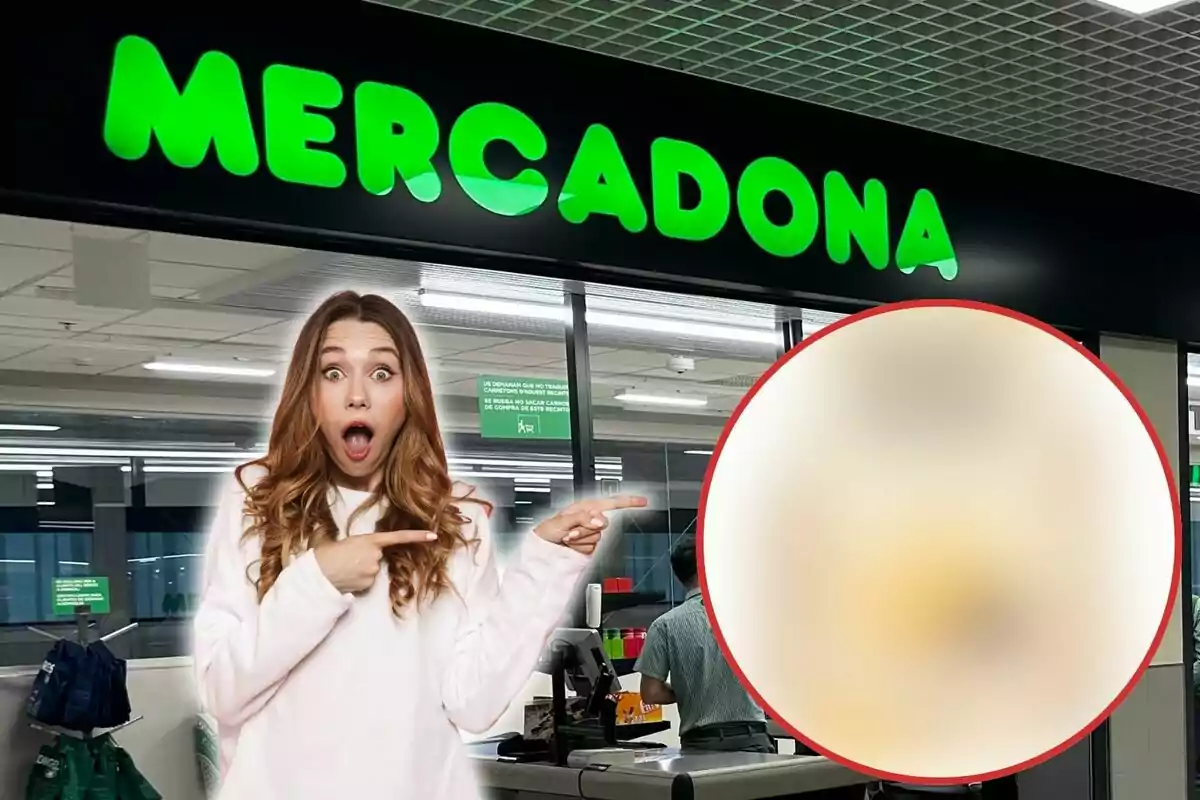 Una dona sorpresa assenyala un cercle borrós davant d'una botiga de Mercadona.