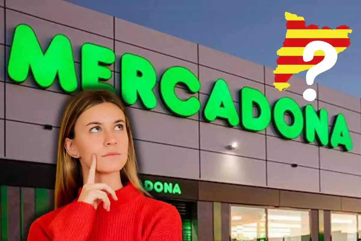 Una dona pensativa davant d'un supermercat Mercadona amb un mapa de Catalunya i un signe d'interrogació.