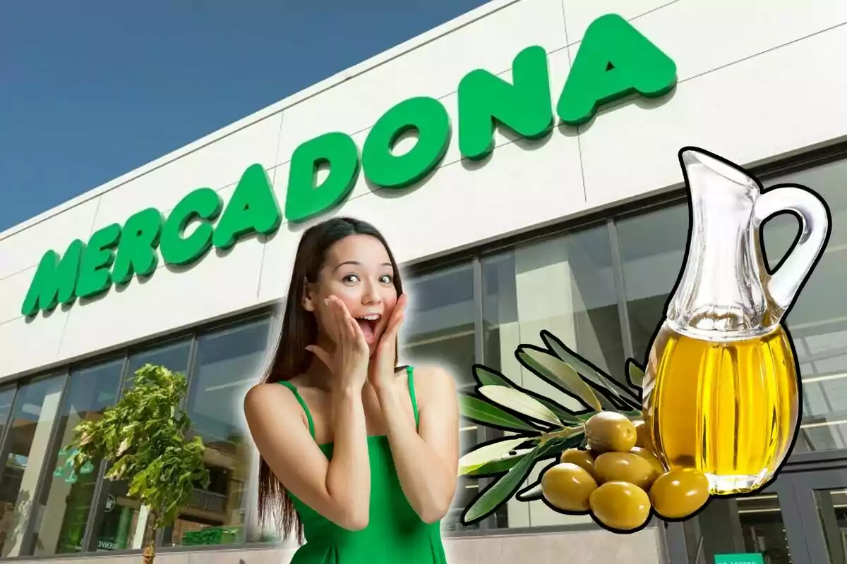 Una dona sorpresa davant d´una botiga Mercadona amb una imatge d´olives i una ampolla d´oli d´oliva.