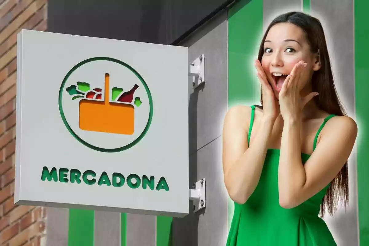 A woman in a green dress appears surprised next to a Mercadona sign.