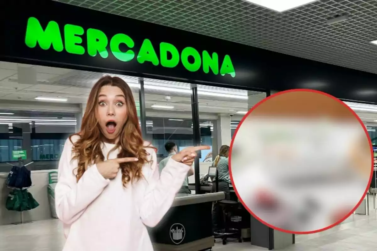 Dona sorpresa assenyalant cap a un supermercat Mercadona.