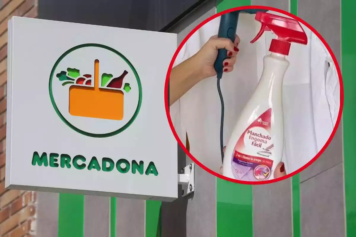 Imatge de fons del logotip de Mercadona i una altra imatge d'un esprai antiarrugues Bosque Verde