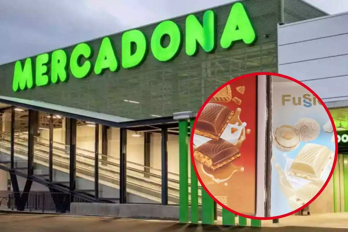 Muntatge amb l'exterior d'una botiga de Mercadona i les rajoles de xocolata Fussion de la marca Hacendado