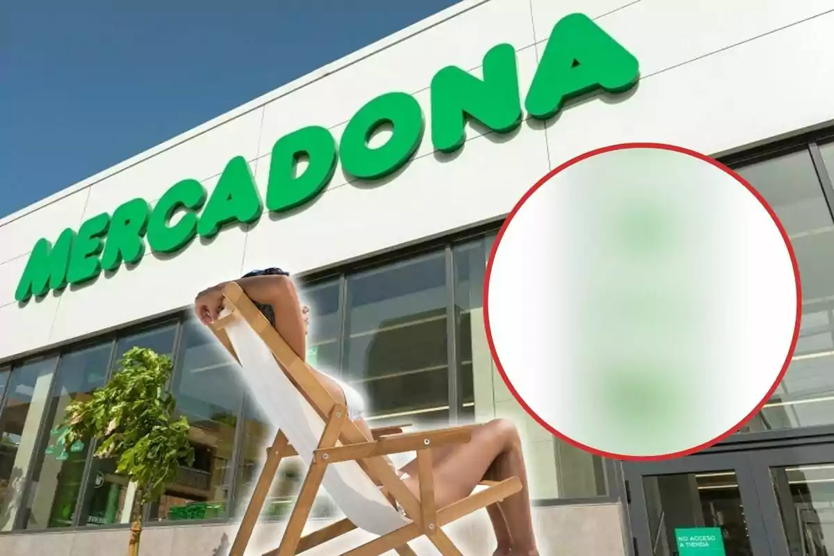 Persona relaxant-se en una cadira davant d'una botiga de Mercadona amb un cercle borrós a la imatge.