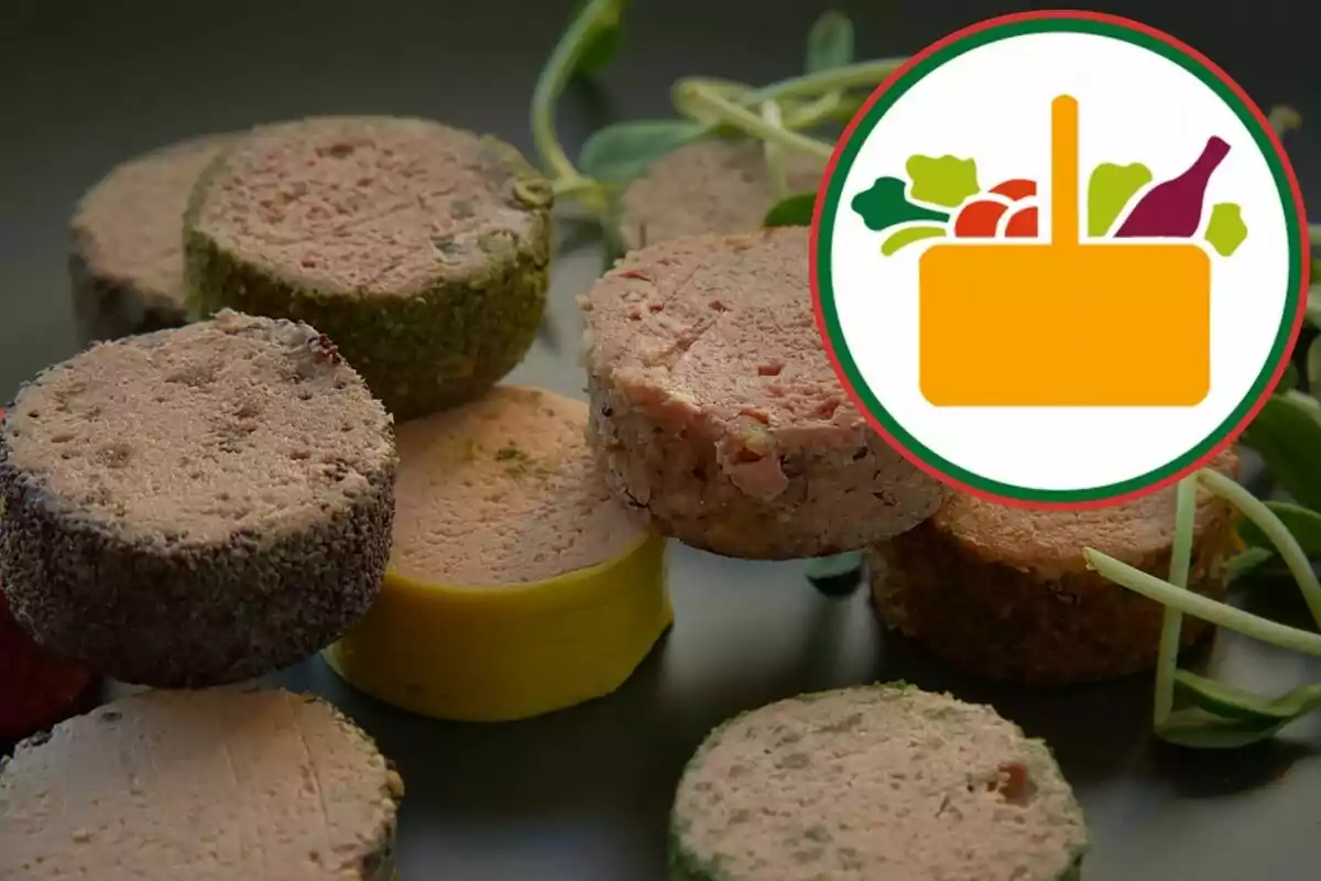 Several slices of pâté with different flavors with a food basket logo in the corner. Several slices of pâté with different flavors with a food basket logo in the corner.