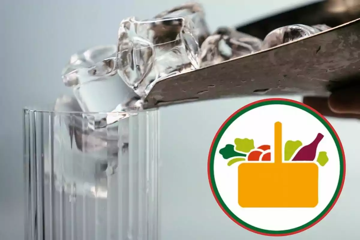 Buckets of ice being poured into a glass with a supermarket logo in the lower right corner.