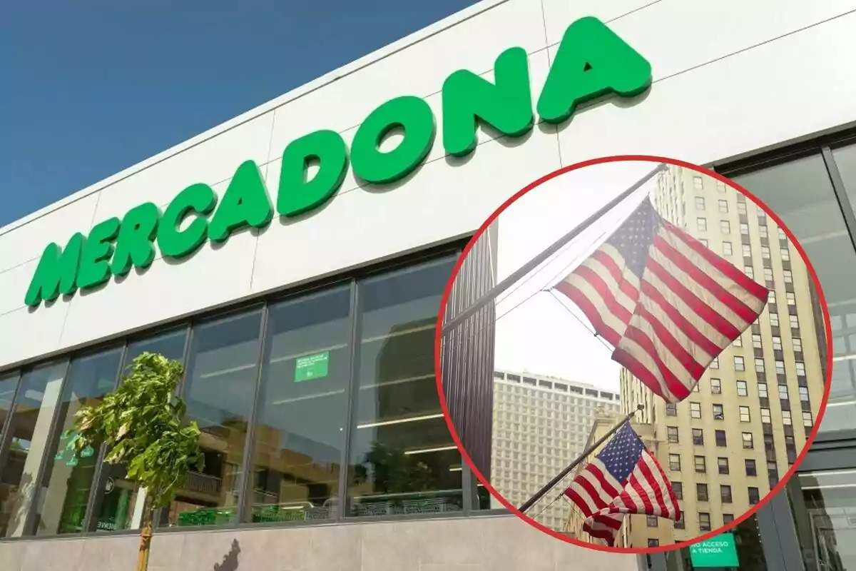 Façana d'una botiga Mercadona amb un requadre que mostra banderes dels Estats Units onejant a una ciutat.