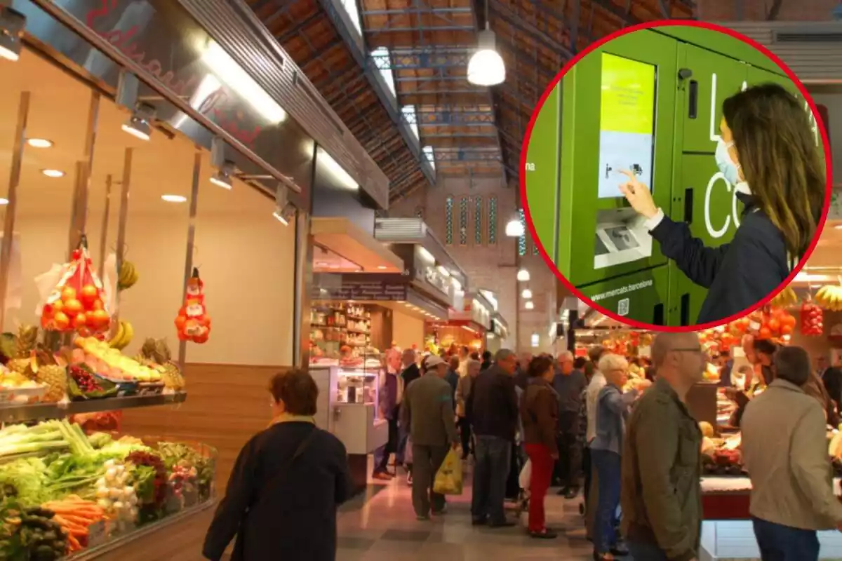 Muntatge de Mercat de Sants de Barcelona i cercle amb usuària fent ús de la plataforma digital 'Mercat a un Clic'