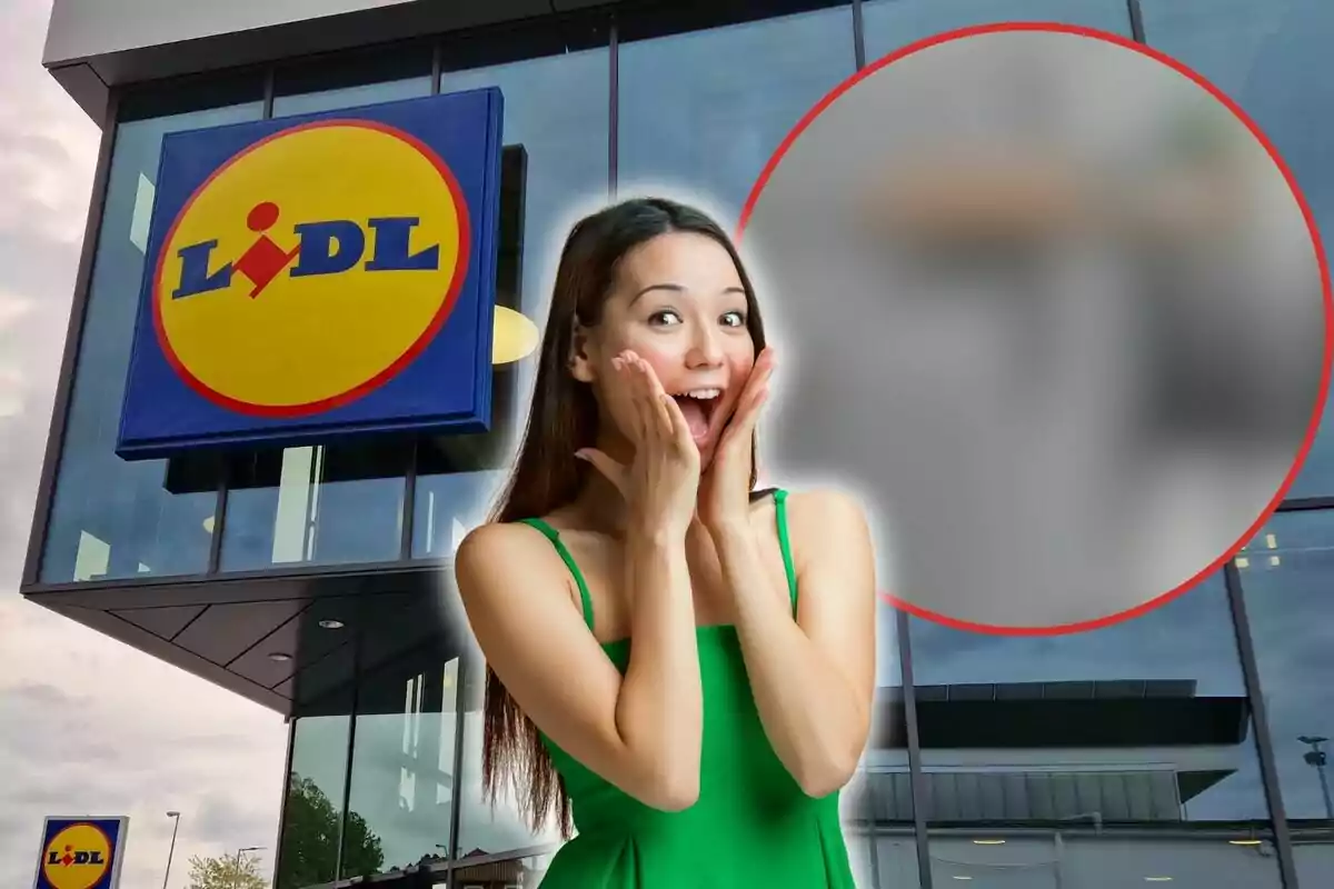 Una dona amb un vestit verd mostra una expressió de sorpresa davant d'una botiga Lidl.