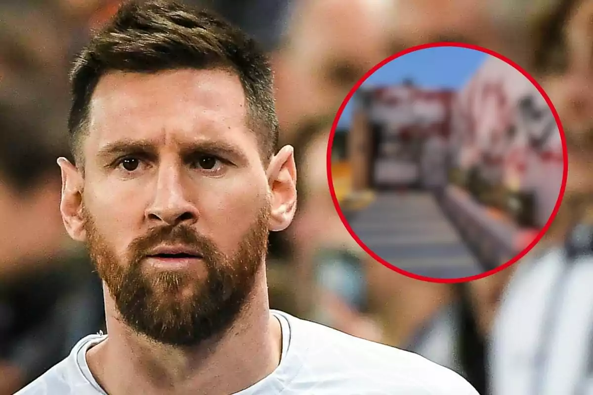 Leo Messi, amb una expressió seriosa, i un cercle vermell amb una imatge borrosa al fons.