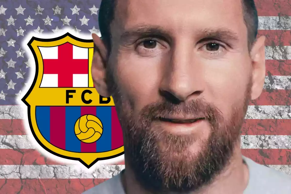 A man with a beard in front of a background of the United States flag and the FC Barcelona crest.