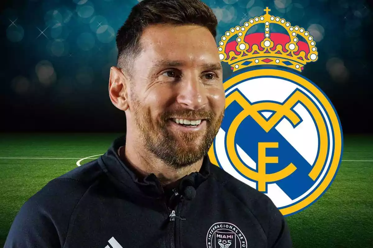 Leo Messi amb la roba de l'Inter Miami i un escut del Reial Madrid al costat