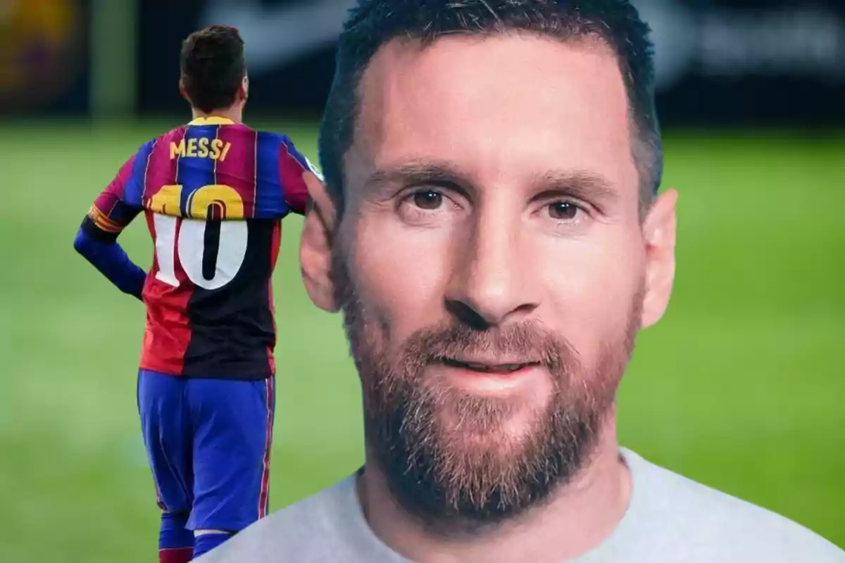 Un futbolista amb la samarreta número 10 del Barcelona d’esquena i un retrat de la seva cara en primer pla sobre un camp de futbol desenfocat.