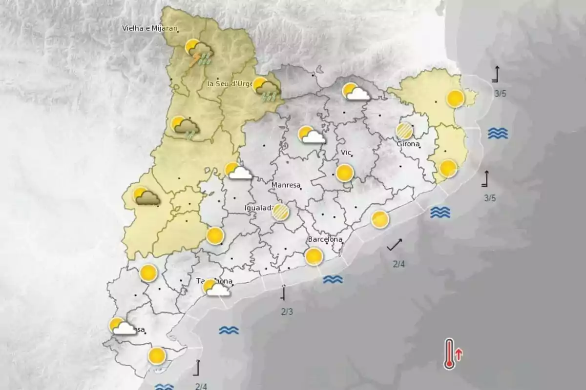 Weather map for Catalonia showing different weather conditions in different areas, with symbols of sun, clouds, rain and storms.