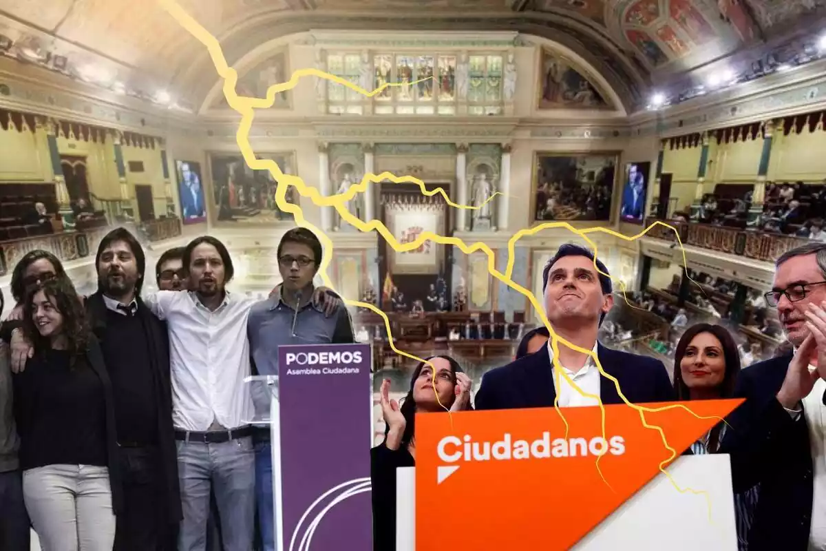 Muntatge dels membres de Ciutadans i Podem amb un llamp al mig i el Congrés darrere