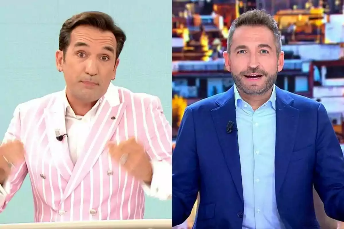 Miguel Lago i Frank Blanco en un estudi de televisió, un amb jaqueta de ratlles roses i l'altre amb jaqueta blava.