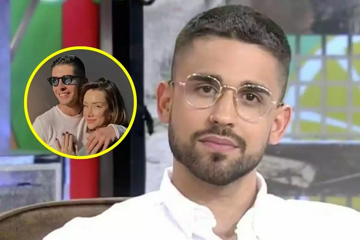 Montaje de Miguel Frigenti con gafas y barba aparece en primer plano, mientras que en un círculo amarillo en la esquina superior izquierda se muestra a Adara Molinero y Álex Ghita abrazados.