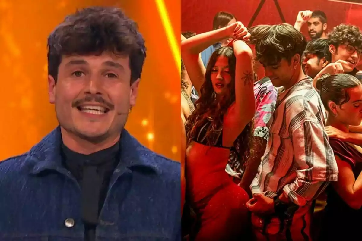 Miki Núñez somrient amb micròfon en un escenari il·luminat de color taronja de Zenit a l'esquerra i un grup de persones ballant en una festa amb llums vermelles a Jo mai mai a la dreta.