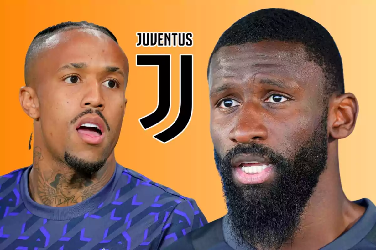 Dos jugadors de futbol amb el logotip de la Juventus sobre un fons taronja.