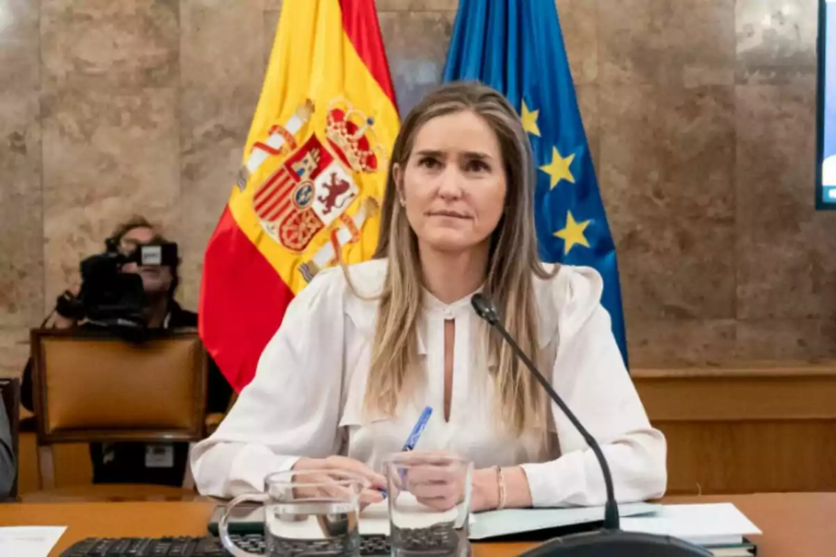 La ministra Sara Aagesen asseguda en una taula amb banderes d'Espanya i de la Unió Europea al darrere. La ministra Sara Aagesen asseguda en una taula amb banderes d'Espanya i de la Unió Europea al darrere.