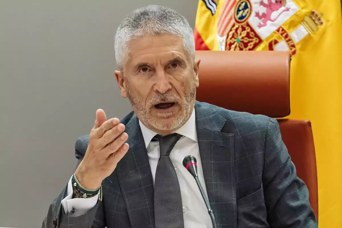 Minister Marlaska with gray hair and beard speaking at a conference with a flag of Spain in the background. Minister Marlaska with gray hair and beard speaking at a conference with a flag of Spain in the background.