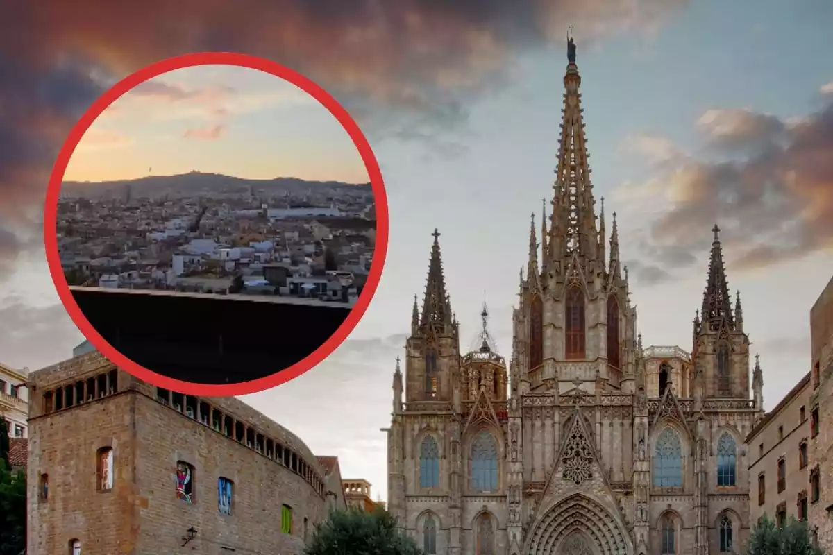 Catedral de Barcelona ia la dreta un cercle amb unes vistes de Barcelona